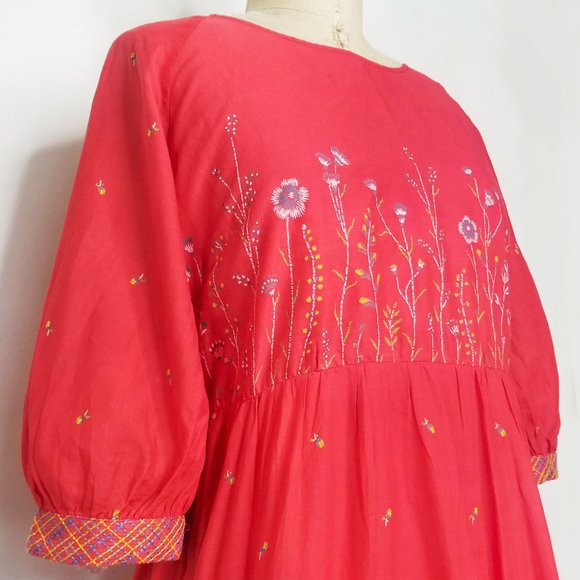 Vintage Womens Prairie Dress Boho Bohemian Empire Waist Floral Summer Red M/L - Picture 3 of 7
